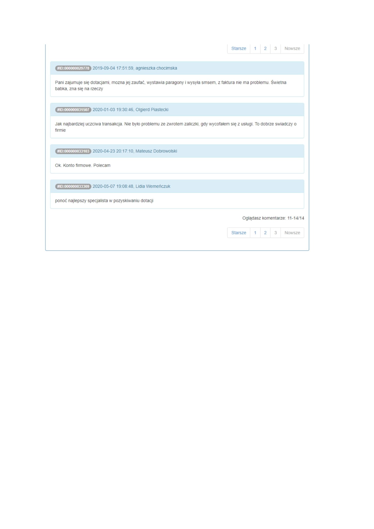 Zrzut ekranu z opiniami klientów o firmie specjalizującej się w pozyskiwaniu dotacji, pozytywne komentarze dotyczące uczciwości i profesjonalizmu.