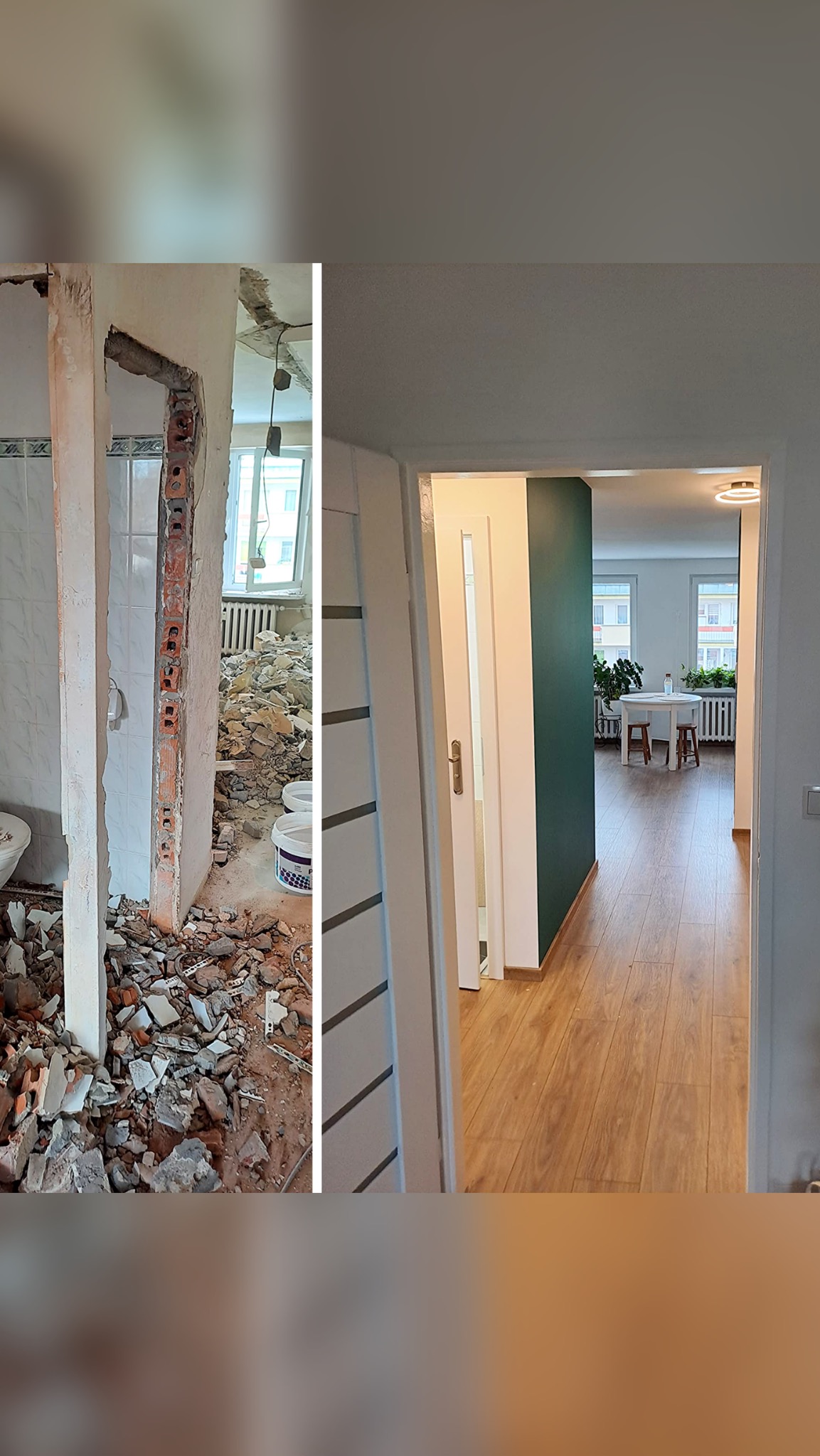 Porównanie stanu łazienki przed i po remoncie: widok na gruz i odsłonięte cegły w zdemontowanej łazience po lewej oraz odnowione wnętrze z nową podłogą i drzwiami po prawej stronie.