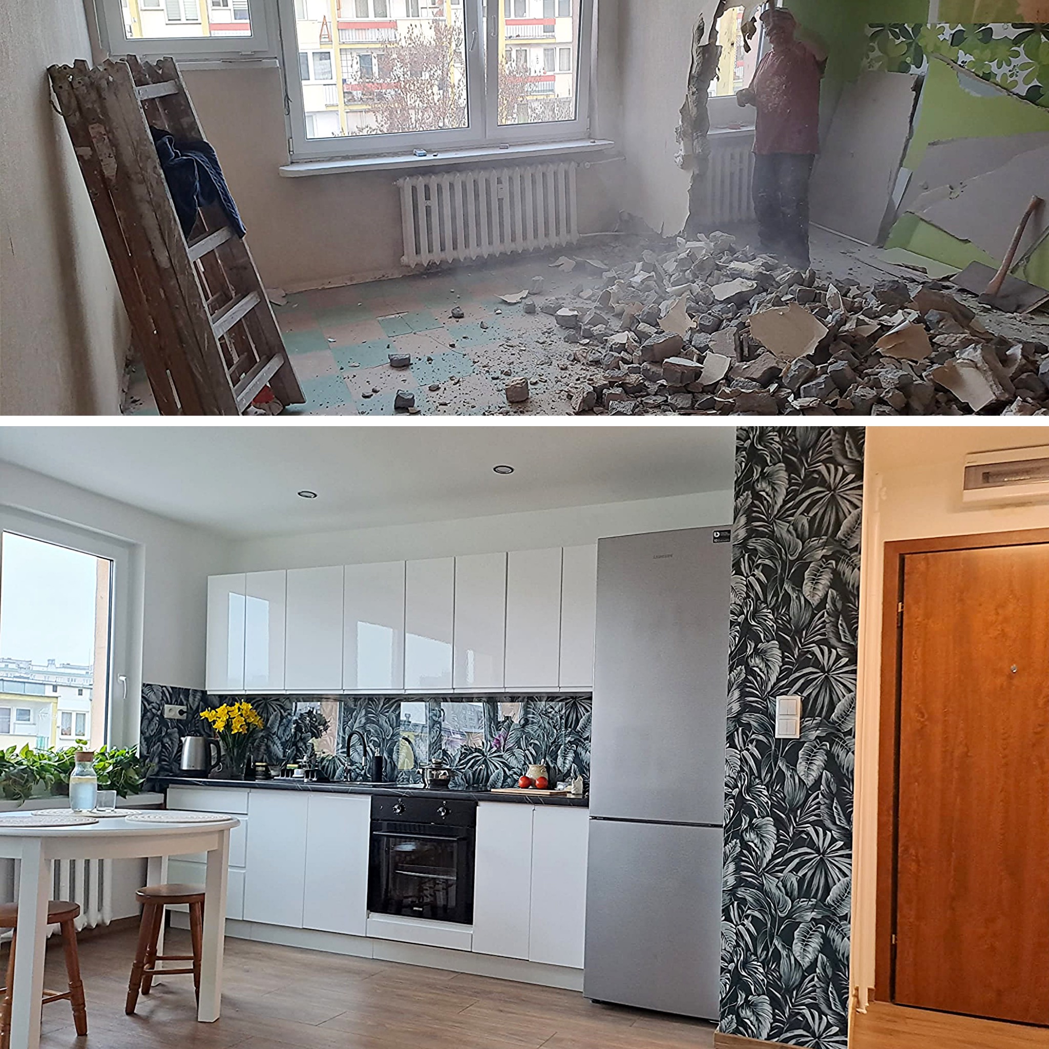 Porównanie stanu mieszkania przed i po remoncie: na górze gruz i robotnik w trakcie demontażu ściany, na dole nowoczesna kuchnia z białymi szafkami, czarnym blatem i roślinnym motywem na ścianie.