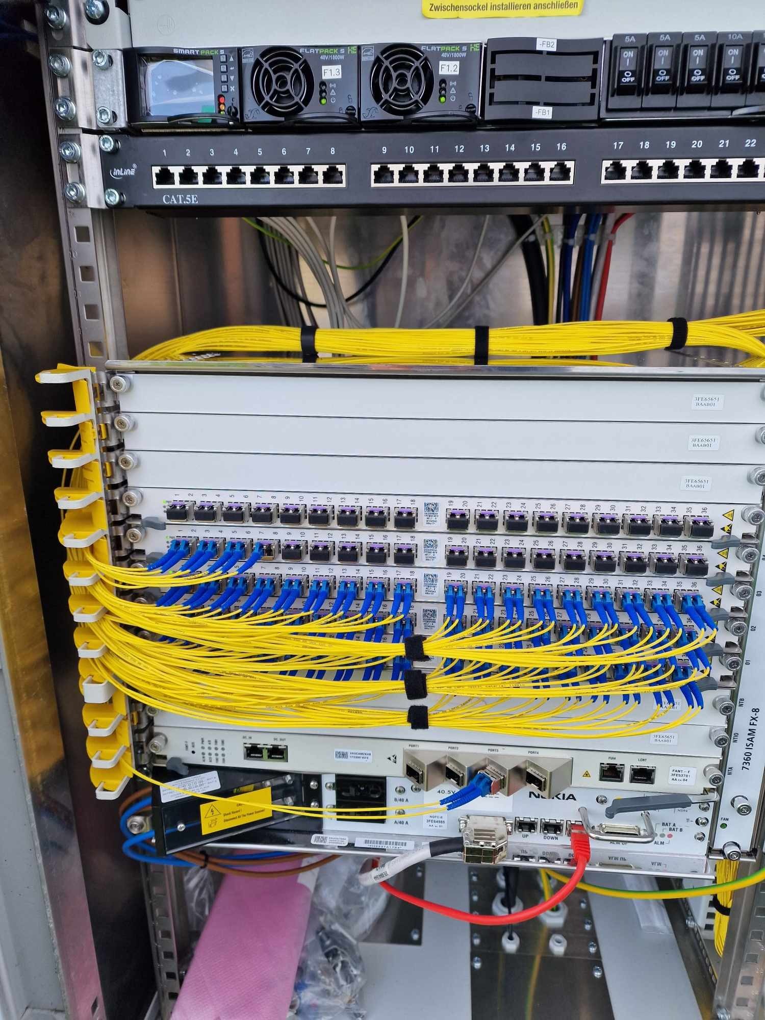 Szafa telekomunikacyjna z patch panelem, światłowodami i urządzeniami sieciowymi Nokia, widoczne kable światłowodowe w kolorze żółtym i niebieskim, zasilacze Flatpack i przełączniki z portami RJ45.