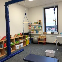 Sala terapii integracji sensorycznej z huśtawką podwieszaną, drabinką sznurkową, regałami z zabawkami i książkami, widok z okna na miasto.