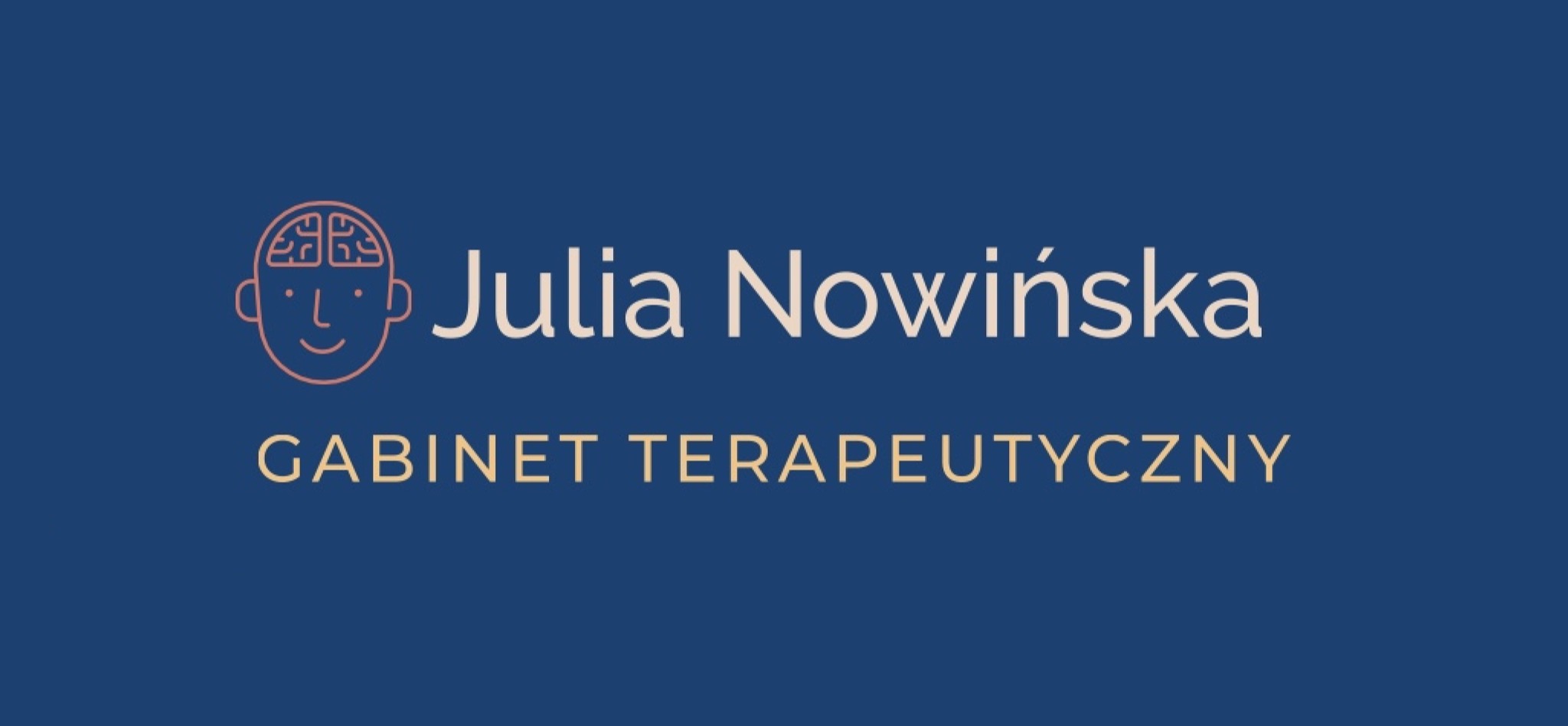 Logo gabinetu terapeutycznego Julia Nowińska z minimalistyczną grafiką głowy z mózgiem na granatowym tle.