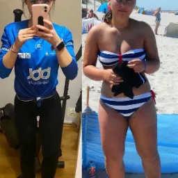 Kolaż: po lewej kobieta w sportowym stroju robiąca selfie w lustrze na tle sprzętu do ćwiczeń, po prawej kobieta w bikini na plaży.