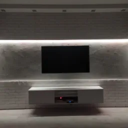 Ściana z dekoracyjną cegłą pomalowaną na biało, podświetlona listwą LED za telewizorem, z wiszącą szafką RTV poniżej.
