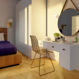 Nowoczesna sypialnia z łóżkiem, toaletką z okrągłym lustrem i złotym krzesłem, oświetlona ciepłym światłem słonecznym wpadającym przez okno.