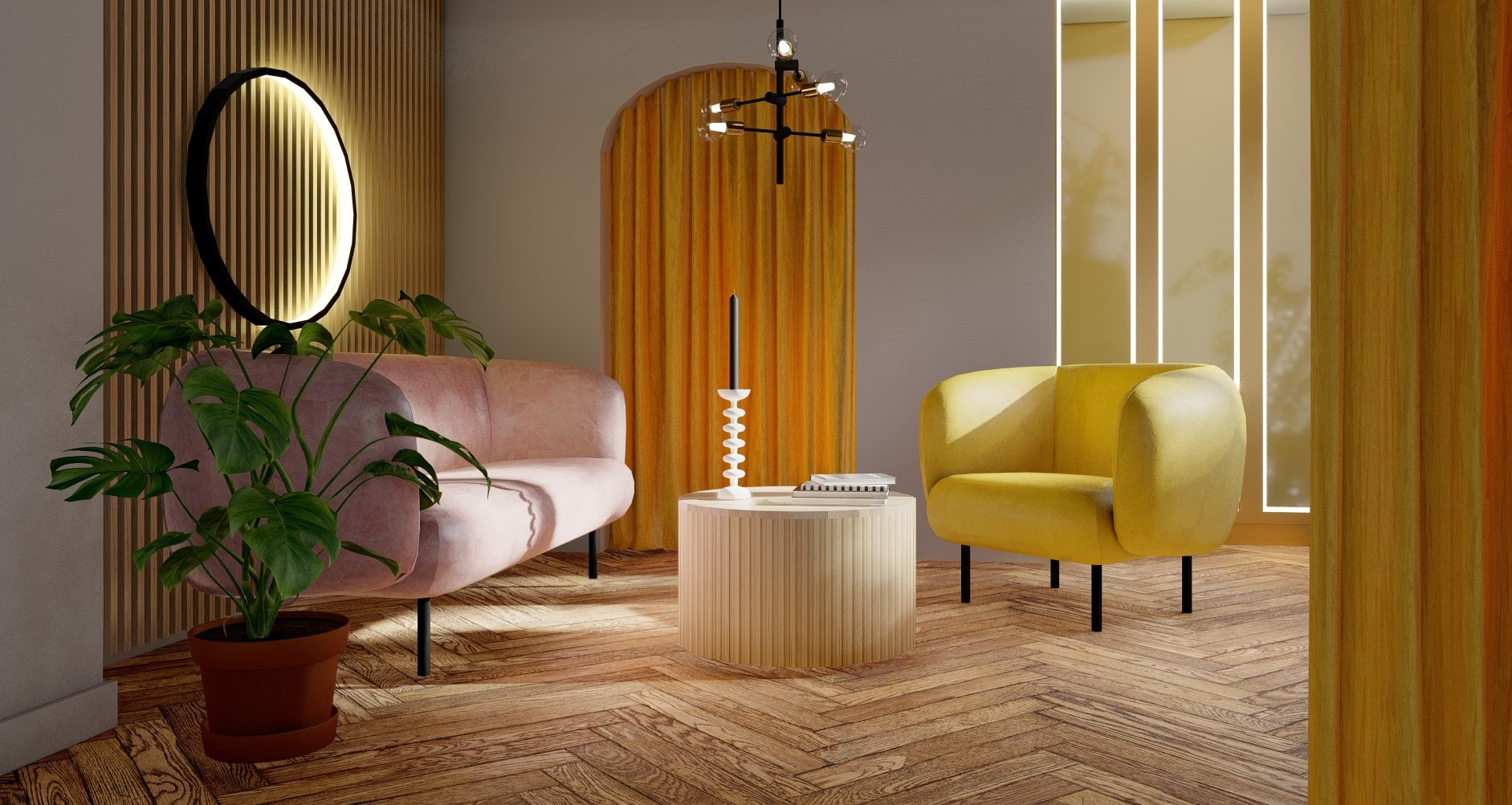 Wnętrze w stylu retro z parkietem w jodełkę, różową sofą, żółtym fotelem, okrągłym stolikiem z dekoracjami, oświetleniem w kształcie łuku i lampą wiszącą.