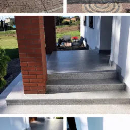 Porównanie stanu przed i po wykończeniu schodów wejściowych do domu z użyciem szarej, nakrapianej płyty gresowej.