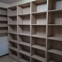 Jasne, drewniane regały na wymiar z wieloma półkami, zamontowane na ścianie w pomieszczeniu z grzejnikiem.