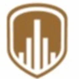 Złota tarcza z trzema pionowymi elementami o różnej wysokości, stylizowanymi na budynki, na białym tle.