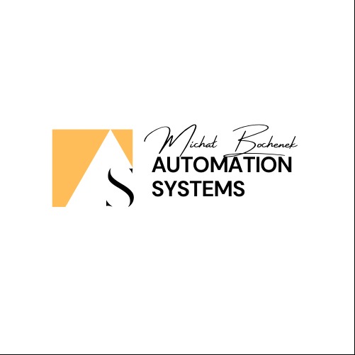 Logo firmy Michał Bochenek Automation Systems z geometrycznym symbolem w kolorze złamanej żółci i stylizowaną literą 'S'.