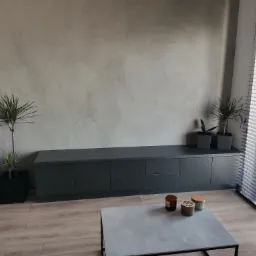 Szara, niska szafka RTV z szufladami i szafkami, umieszczona na tle ściany o fakturze betonu, z roślinami doniczkowymi po bokach i na niej, oraz czarnym głośnikiem JBL po lewej stronie, na podłodze...