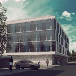Wizualizacja nowoczesnego, trzypiętrowego budynku biurowego z przeszkloną fasadą i kamienną podstawą, z zaparkowanym szarym SUV-em i przechodniami na chodniku.