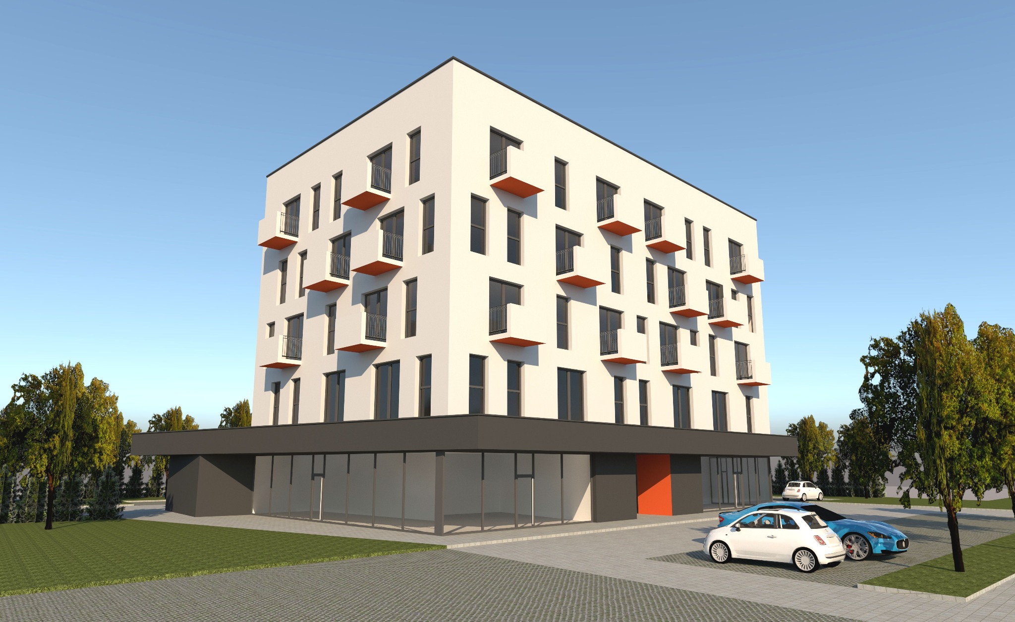 Wizualizacja nowoczesnego budynku wielorodzinnego z białymi elewacjami, ciemnymi oknami i pomarańczowymi balkonami, z zaparkowanymi samochodami na parkingu.