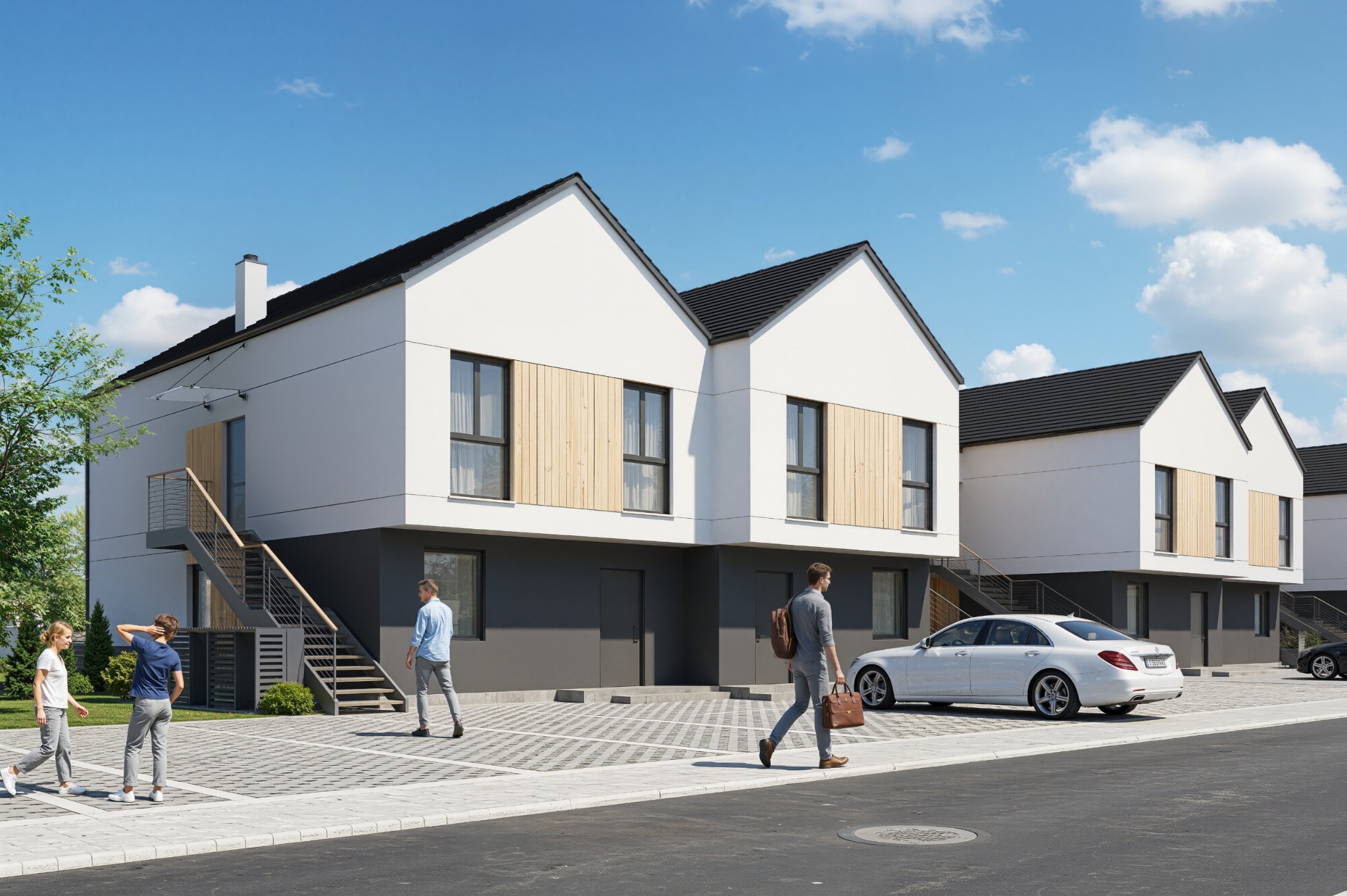 Wizualizacja szeregu nowoczesnych domów z białymi elewacjami i grafitowymi detalami, z zewnętrznymi schodami i drewnianymi akcentami. Na pierwszym planie przechodzą ludzie.
