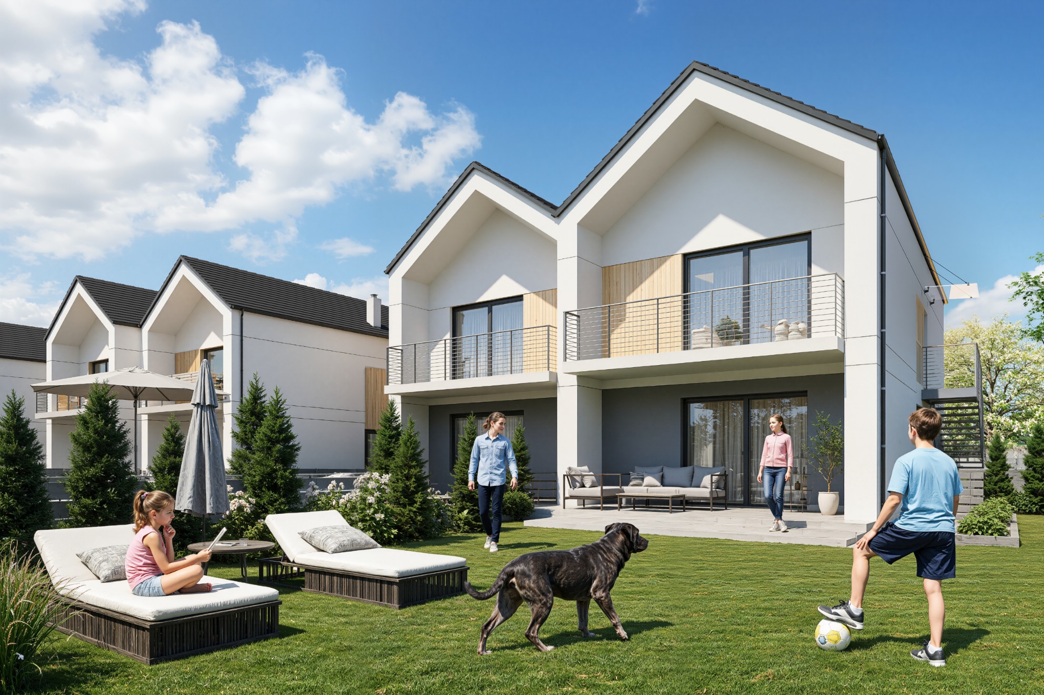Wizualizacja nowoczesnych domów szeregowych z balkonami, otoczonych zielenią, z osobami i psem na trawniku w słoneczny dzień. Projekt architektoniczny z elementami drewnianymi.