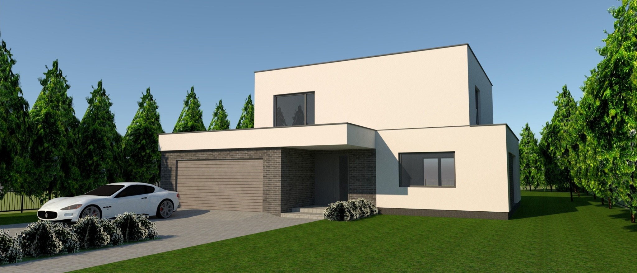 Wizualizacja nowoczesnego domu z płaskim dachem, garażem z cegły i białym Maserati przed wejściem, otoczonego zielenią.