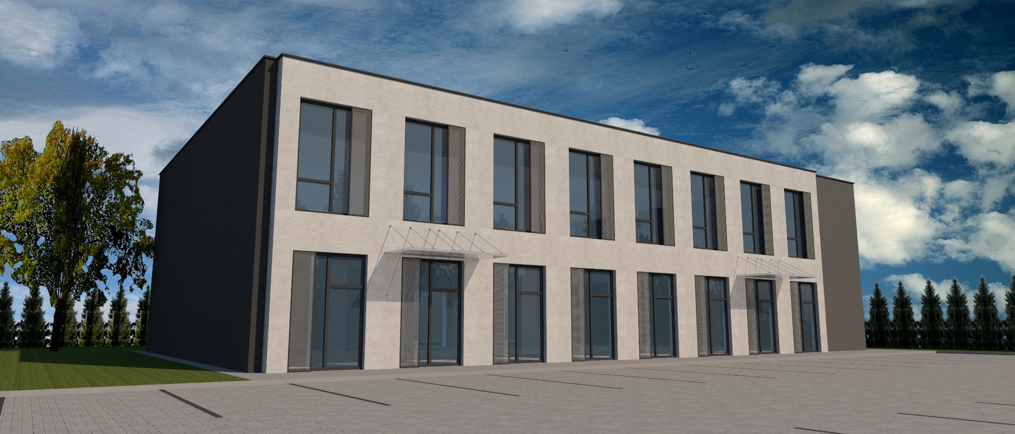 Wizualizacja dwukondygnacyjnego budynku biurowego z szarymi ścianami i licznymi oknami z kratownicą, widoczna zieleń drzew i niebo z chmurami.