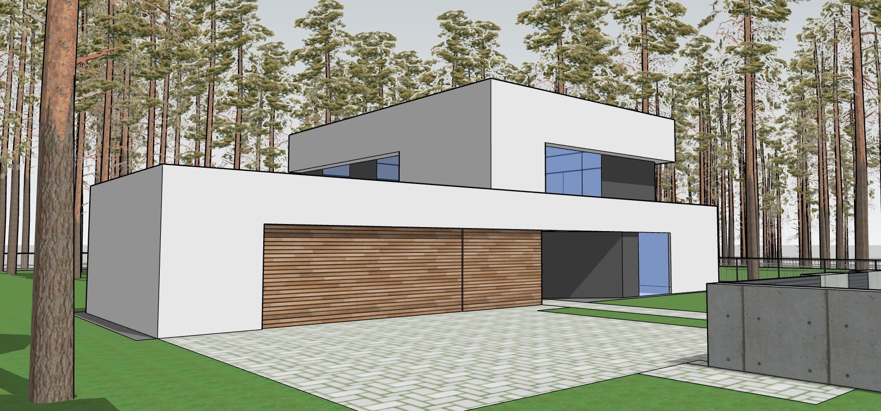 Wizualizacja dwukondygnacyjnego domu w stylu nowoczesnym z drewnianą bramą garażową i dużymi oknami, otoczonego lasem sosnowym.