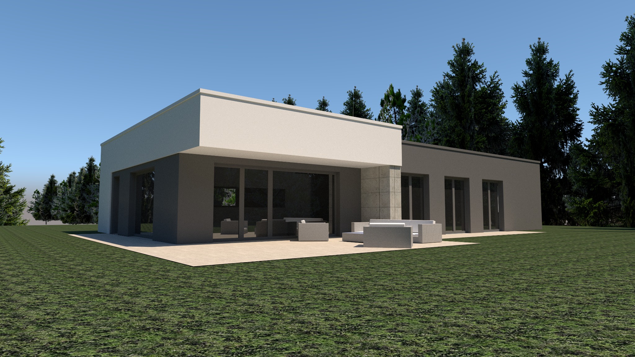 Wizualizacja nowoczesnego, parterowego domu z płaskim dachem, z dużymi przesuwnymi oknami i tarasem z szarymi meblami ogrodowymi na tle zieleni.