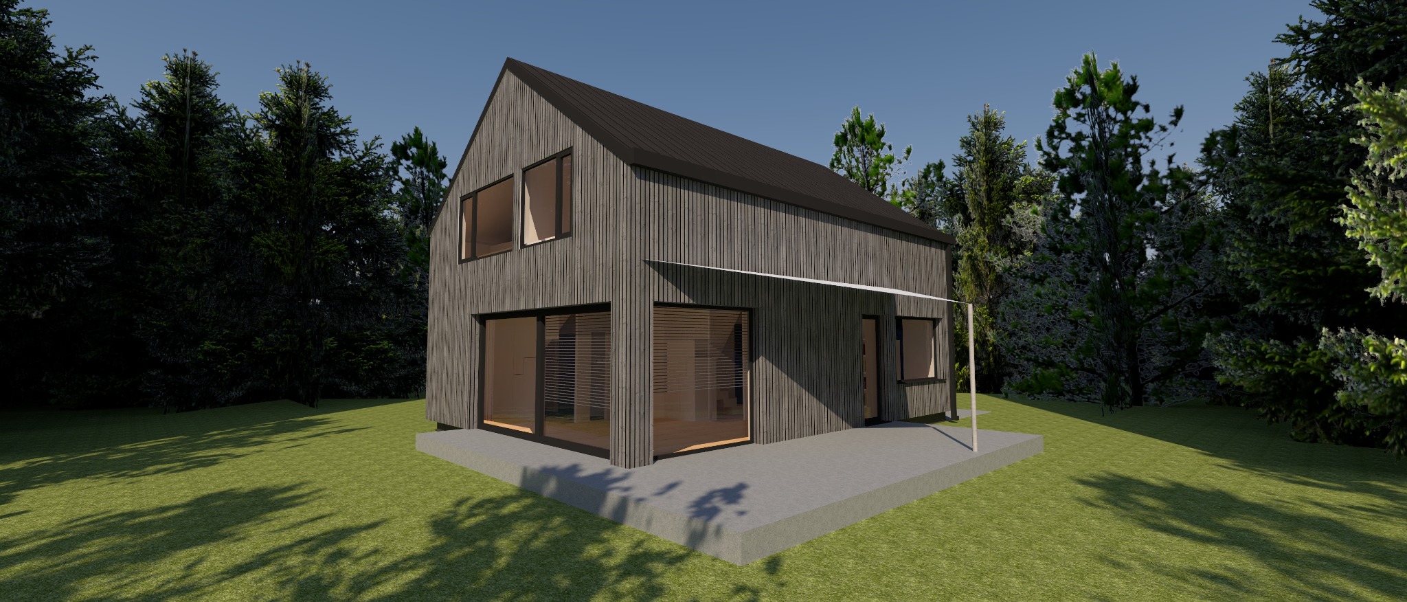 Wizualizacja nowoczesnego domu jednorodzinnego z drewnianą elewacją w Częstochowie, otoczonego zielenią, z widocznym tarasem i dużymi oknami.