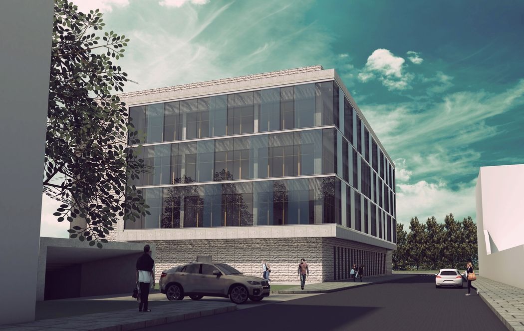 Wizualizacja nowoczesnego, trzypiętrowego budynku biurowego z przeszkloną fasadą i kamienną podstawą, z zaparkowanym szarym SUV-em i przechodniami na chodniku.
