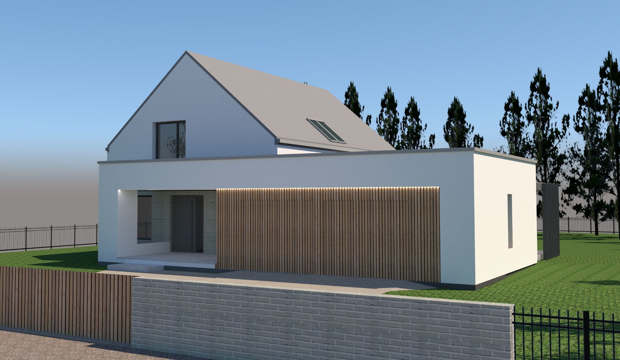 Wizualizacja nowoczesnego domu z białymi ścianami, szarym dachem dwuspadowym i drewnianą elewacją garażu, otoczona murem z cegły i ogrodzeniem z metalowych prętów.