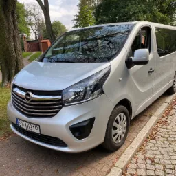 Srebrny Opel Vivaro zaparkowany na kostce brukowej w jesiennej scenerii, z widocznym numerem rejestracyjnym ST-1631P i odbiciem drzew w szybach.