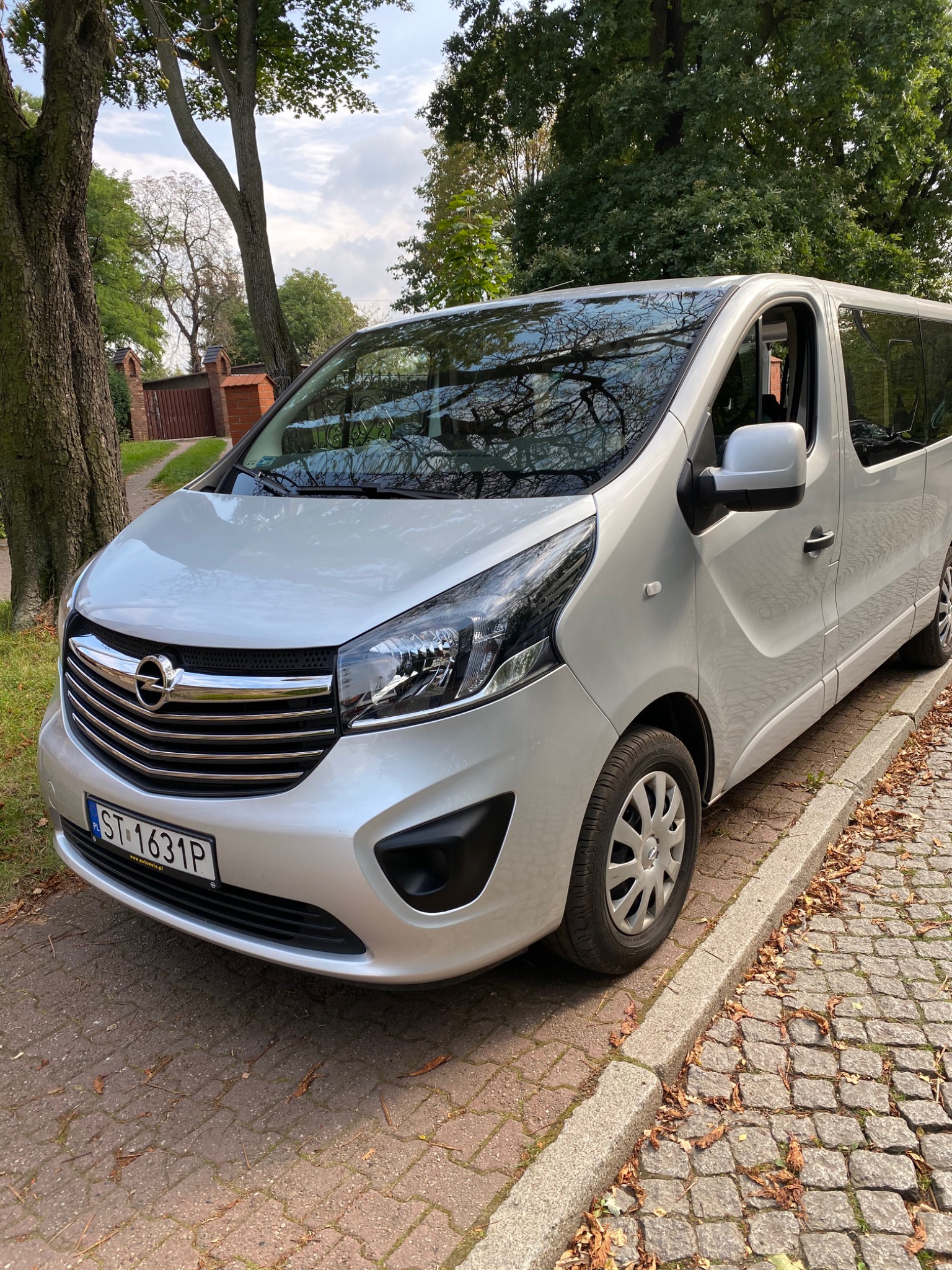 Srebrny Opel Vivaro zaparkowany na kostce brukowej w jesiennej scenerii, z widocznym numerem rejestracyjnym ST-1631P i odbiciem drzew w szybach.