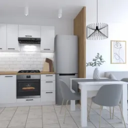 Wizualizacja nowoczesnej kuchni z białymi szafkami, drewnianym blatem, płytkami typu metro i piekarnikiem z piekącym się ciastem, połączonej z salonem z szarą sofą i minimalistycznymi dekoracjami...