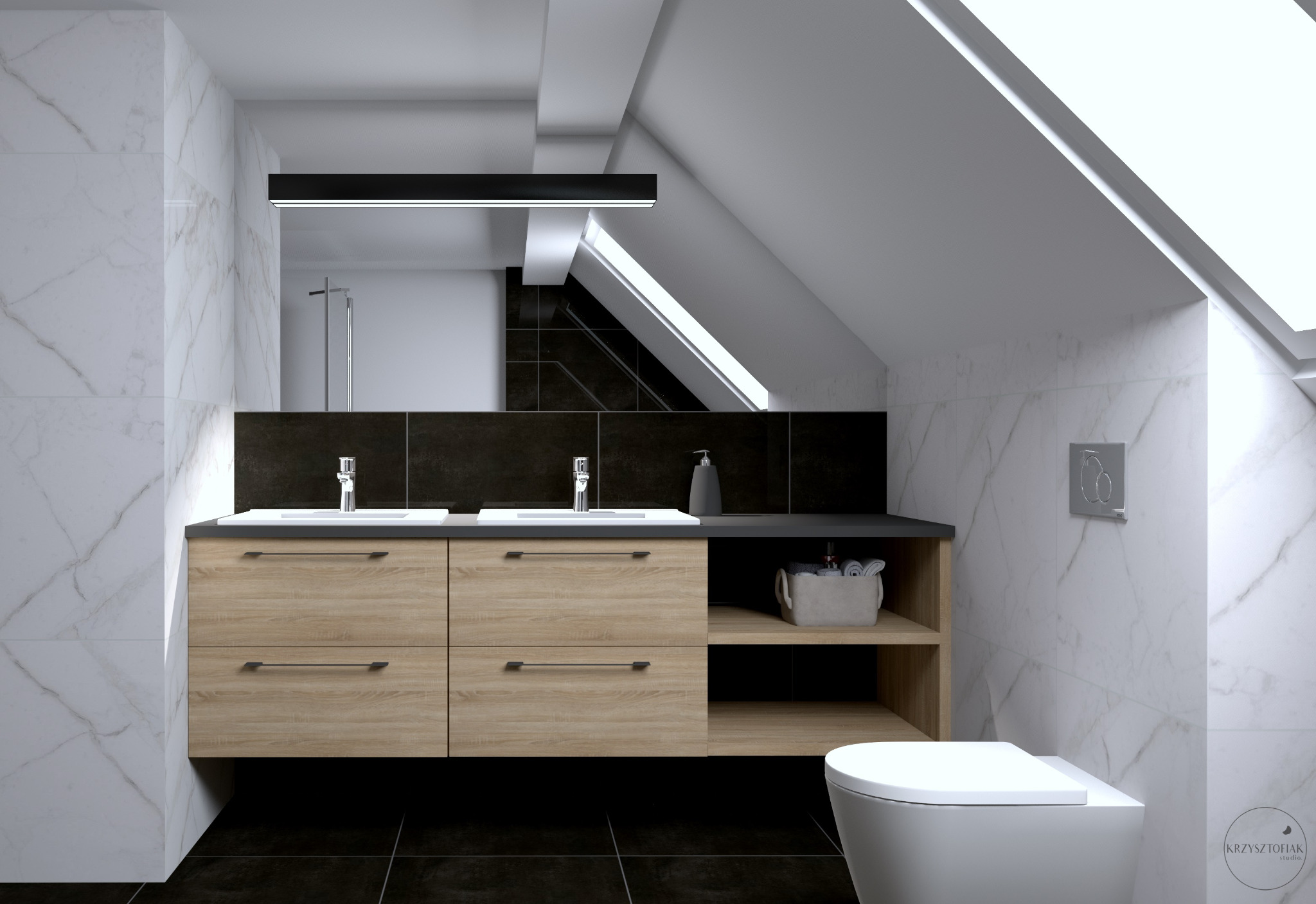 Nowoczesna łazienka na poddaszu z marmurowymi płytkami, drewnianą szafką pod umywalką z dwoma umywalkami, czarnym blatem i oświetleniem LED nad lustrem.