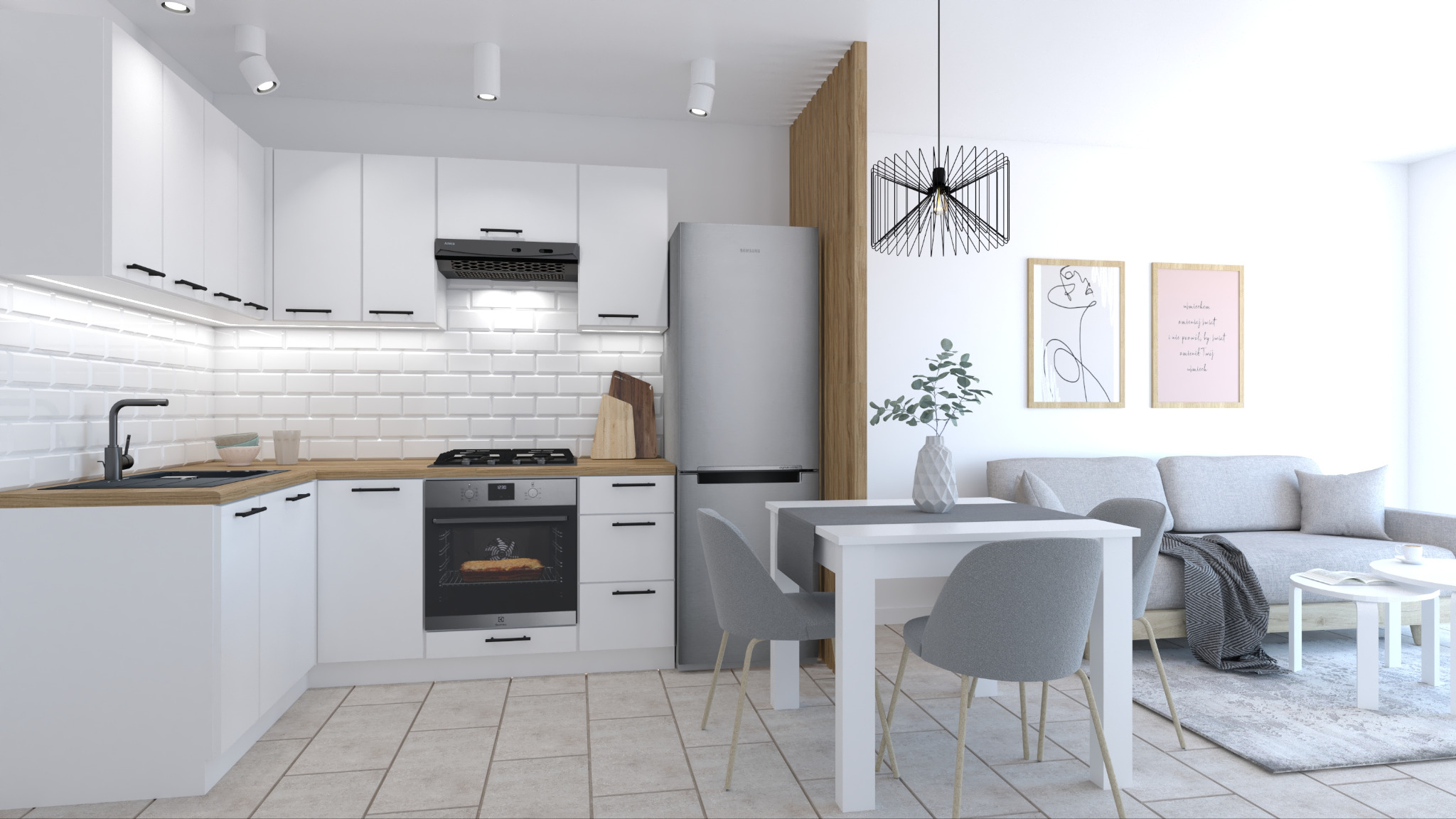 Wizualizacja nowoczesnej kuchni z białymi szafkami, drewnianym blatem, płytkami typu metro i piekarnikiem z piekącym się ciastem, połączonej z salonem z szarą sofą i minimalistycznymi dekoracjami...