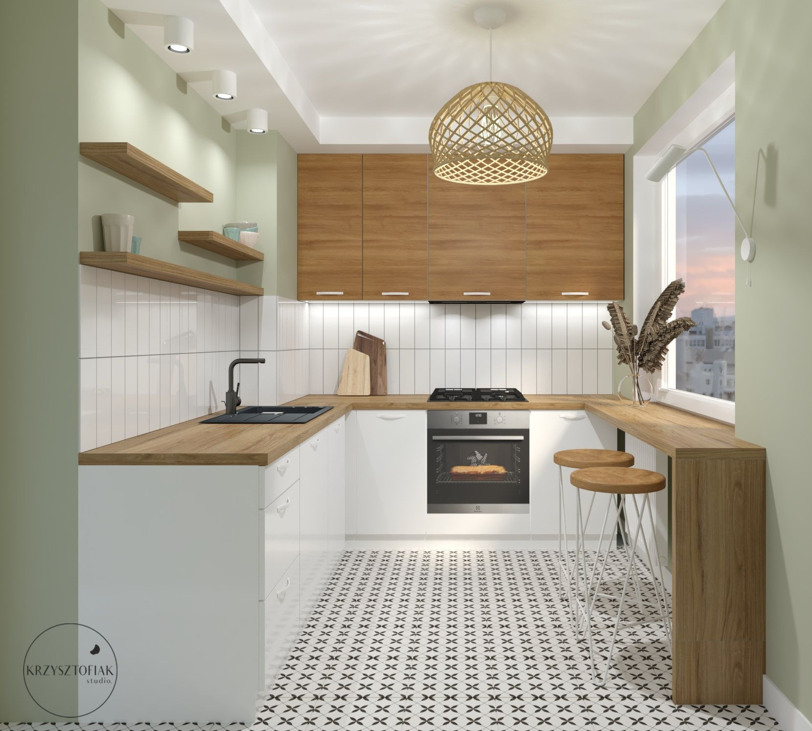 Wizualizacja kuchni w stylu skandynawskim z białymi szafkami, drewnianymi blatami i lampą z wikliny. W tle widoczne miasto za oknem. Na płycie grzewczej znajduje się piekarnik z piekącym się ciastem.