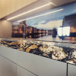 Czarno-złoty blat kuchenny z granitu na tle zabudowy kuchennej i szklanego panelu z motywem miejskim.