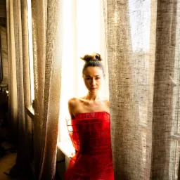 Portret kobiety w czerwonej sukni, stojącej przy oknie z zasłonami. Mocne, naturalne światło podkreśla jej rysy i fakturę materiału. Upięte włosy dodają elegancji.