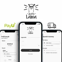 Ekrany smartfonów prezentujące interfejs aplikacji mobilnej z opcjami logowania, koszyka z burgerem i metodami dostawy, w tle logo PayU.