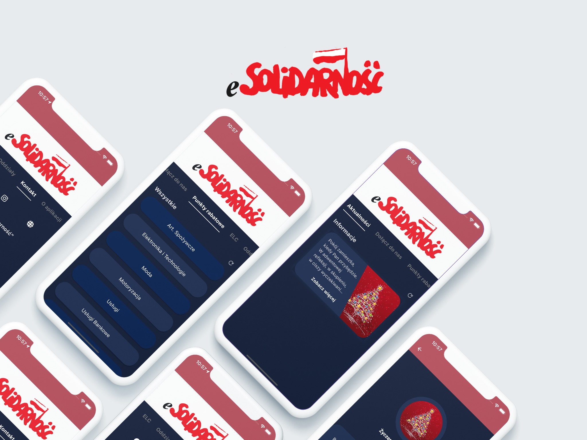 Ekrany smartfonów prezentujące interfejs aplikacji mobilnej eSolidarność z różnymi sekcjami, w tym aktualności, punkty rabatowe i kategorie usług.