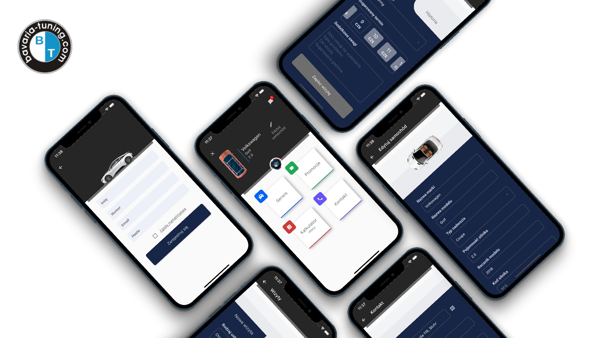 Ekrany smartfonów prezentujące interfejs aplikacji do zarządzania serwisem samochodowym, z widocznymi opcjami edycji pojazdu, umawiania wizyt i kontaktu, z logo firmy Bavaria-Tuning w rogu.