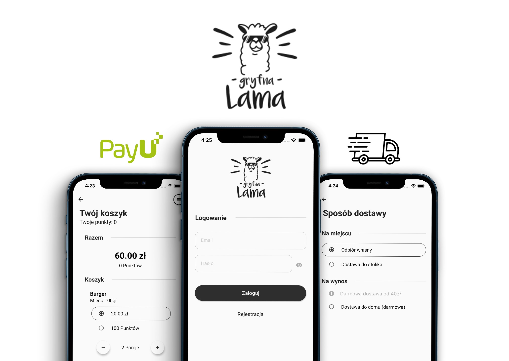 Ekrany smartfonów prezentujące interfejs aplikacji mobilnej z opcjami logowania, koszyka z burgerem i metodami dostawy, w tle logo PayU.