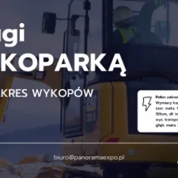 Grafika reklamowa prezentująca usługi minikoparką w Kielcach i okolicach, z podanymi wymiarami koparki i zakresem prac, na tle częściowo widocznej maszyny budowlanej CAT 301.8 i logotypu Panorama...