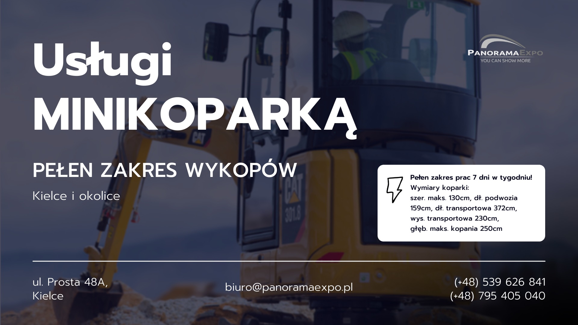 Grafika reklamowa prezentująca usługi minikoparką w Kielcach i okolicach, z podanymi wymiarami koparki i zakresem prac, na tle częściowo widocznej maszyny budowlanej CAT 301.8 i logotypu Panorama...