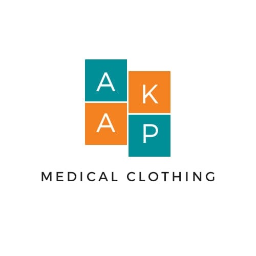 Logo firmy odzieżowej AKAP Medical Clothing, składające się z czterech kwadratów w kolorach turkusowym i pomarańczowym, z literami A, K, A, P, ułożonych w kwadrat, oraz napisu MEDICAL CLOTHING...