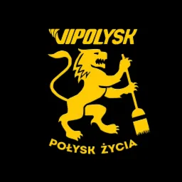 Żółte logo firmy VIPOLYSK na czarnym tle, przedstawiające lwa trzymającego szczotkę i napis 'POŁYSK ŻYCIA'.
