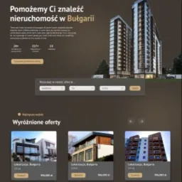 Strona internetowa z ciemnobrązowym tłem prezentująca oferty nieruchomości w Bułgarii, z widocznymi miniaturami apartamentów i wyszukiwarką ofert.