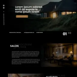 Makieta strony internetowej z ciemnym motywem, prezentująca nowoczesny salon i kuchnię. Na górze widoczny nagłówek z nazwą 'Welzone' i przykładowym tekstem 'Lorem ipsum', poniżej zdjęcie domu...