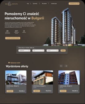 Strona internetowa z ciemnobrązowym tłem prezentująca oferty nieruchomości w Bułgarii, z widocznymi miniaturami apartamentów i wyszukiwarką ofert.