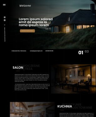 Makieta strony internetowej z ciemnym motywem, prezentująca nowoczesny salon i kuchnię. Na górze widoczny nagłówek z nazwą 'Welzone' i przykładowym tekstem 'Lorem ipsum', poniżej zdjęcie domu...