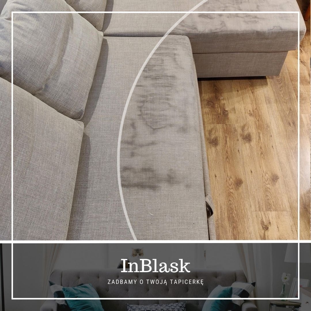 Szara narożna kanapa przed czyszczeniem, widoczne wyraźne zabrudzenia na siedzisku, na podłodze panele imitujące drewno, w dolnej części logo firmy InBlask.