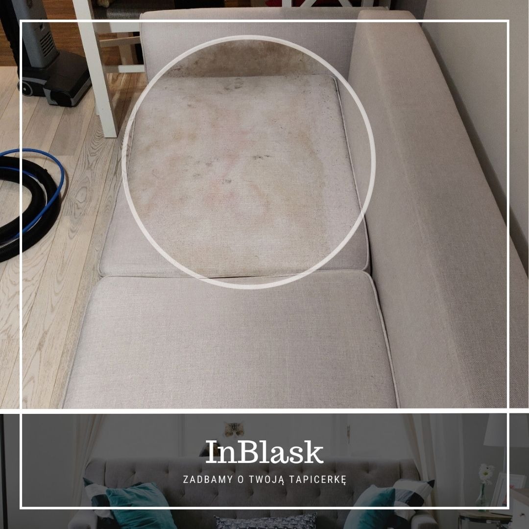 Beżowa kanapa z widocznymi plamami na siedzisku, otoczona białym okręgiem, obok odkurzacz piorący i wąż, w dolnej części logo firmy InBlask z hasłem: ZADBAMY O TWOJĄ TAPICERKĘ
