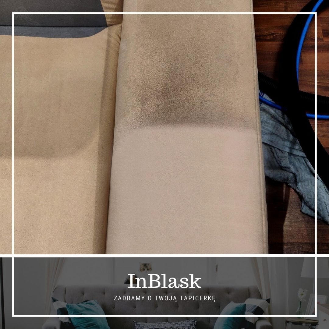 Sofa z widoczną różnicą w czystości tapicerki po zabiegu czyszczenia, z logo firmy oferującej usługi czyszczenia tapicerki na dole zdjęcia.