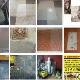 Kolaż zdjęć przedstawiających etapy czyszczenia różnych powierzchni tekstylnych: fragment brudnego i czystego dywanu z wzorem, wnętrze samochodu przed i po czyszczeniu, dywan z kwiatowym motywem...